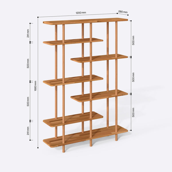 Goria 7 Raflı Kitaplık 120 x 28 ölçülendirilmiş teknik görünümü, milimetre cinsinden genişlik, derinlik ve yükseklik