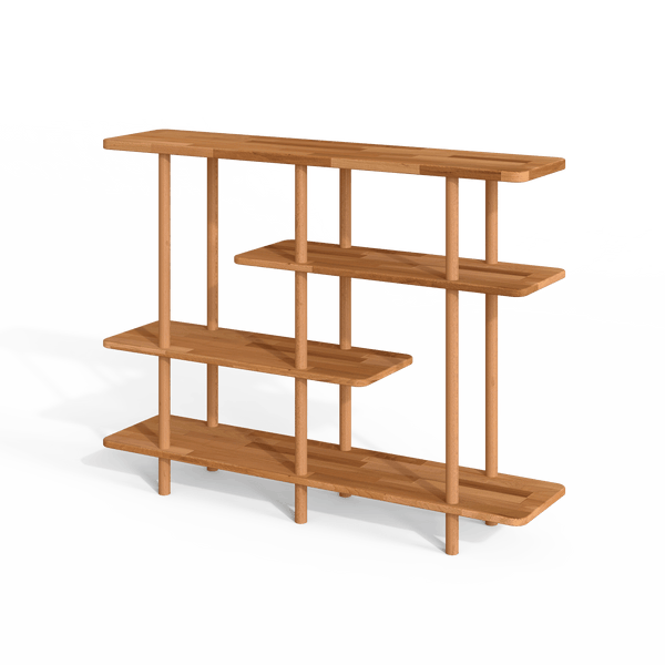 Goria 4 Raflı Kitaplık 120 x 28 cm, %100 masif kayın, beyaz zeminde üç çeyrek açıdan çekim