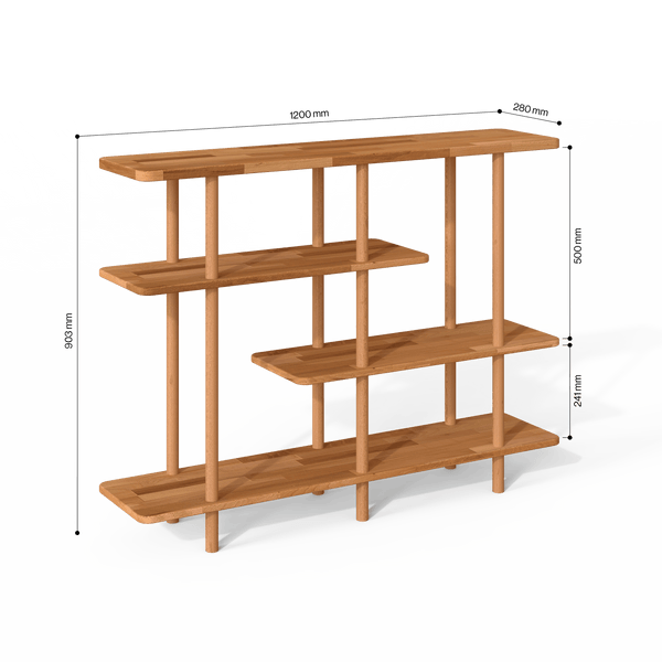 Goria 4 Raflı Kitaplık 120 x 28 cm ölçülendirilmiş teknik görünümü, milimetre cinsinden ölçüler