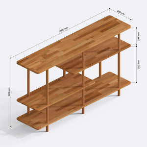 Goria 4 Raflı Kitaplık 160 x 38 cm ölçülendirilmiş teknik görünümü, milimetre cinsinden genişlik, derinlik ve yükseklik