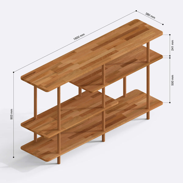 Goria 4 Raflı Kitaplık 160 x 38 cm ölçülendirilmiş teknik görünümü, milimetre cinsinden genişlik, derinlik ve yükseklik