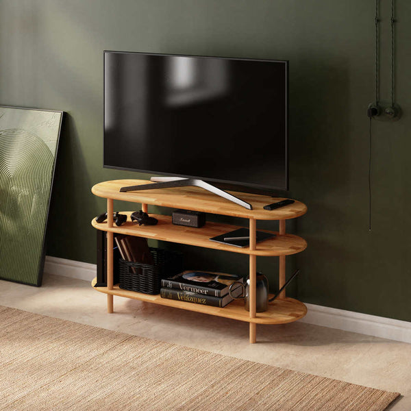 Aphe TV Ünitesi 120 x 38 cm, %100 masif kayın, doğal ahşap dokusu, ev ortamında kullanım görünümü