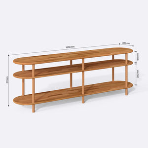 Aphe TV Ünitesi 180 x 38 cm ölçülendirilmiş teknik görünümü, milimetre cinsinden genişlik, derinlik ve yükseklik