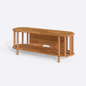 Leia TV Ünitesi 120 x 38 cm, %100 masif kayın, doğal ahşap dokusu, beyaz zeminde üç çeyrek açıdan stüdyo çekimi