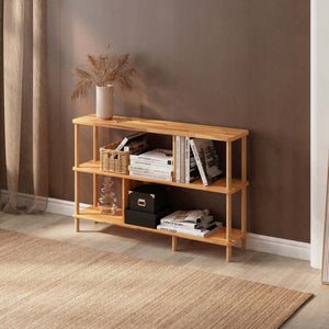 Netu 3 Raflı Kitaplık 120 x 28 cm, %100 masif kayın, doğal ahşap dokusu, ev ortamında kullanım görünümü