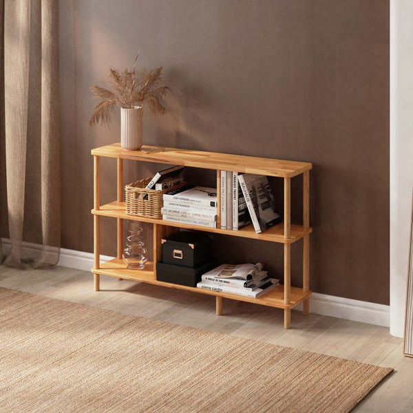 Netu 3 Raflı Kitaplık 120 x 28 cm, %100 masif kayın, doğal ahşap dokusu, ev ortamında kullanım görünümü
