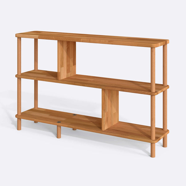 Netu 3 Raflı Kitaplık 120 x 28 cm, %100 masif kayın, doğal ahşap dokusu, beyaz zeminde üç çeyrek açıdan stüdyo çekimi