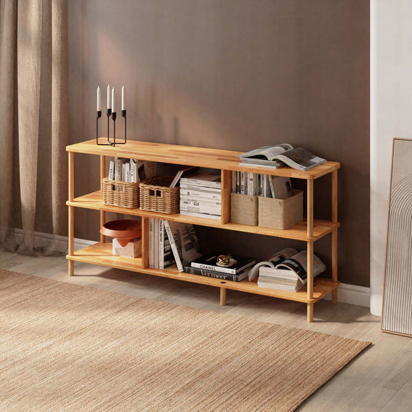 Netu 3 Raflı Kitaplık 160 x 38 cm, %100 masif kayın, doğal ahşap dokusu, ev ortamında kullanım görünümü