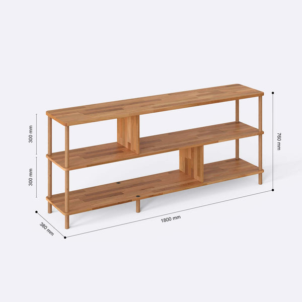 Netu 3 Raflı Kitaplık 180 x 38 cm ölçülendirilmiş teknik görünümü, milimetre cinsinden genişlik, derinlik ve yükseklik