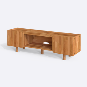 Ledal TV Ünitesi 160 x 40 cm, %100 masif kayın, doğal ahşap dokusu, beyaz zeminde üç çeyrek açıdan stüdyo çekimi