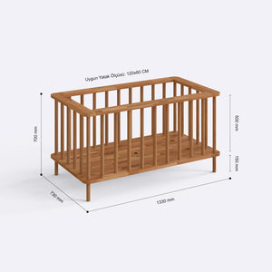 Lore Beşik 120 x 60 cm ölçülendirilmiş teknik görünümü, milimetre cinsinden genişlik, derinlik ve yükseklik