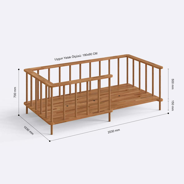 Lore Çocuk Karyolası 190 x 90 cm ölçülendirilmiş teknik görünümü, milimetre cinsinden genişlik, derinlik ve yükseklik