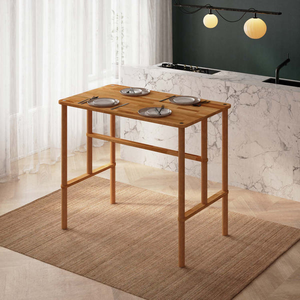Reva Bar Masası 130 x 78 cm, %100 masif kayın, doğal ahşap dokusu, döşenmiş oda ortamında kullanım görünümü