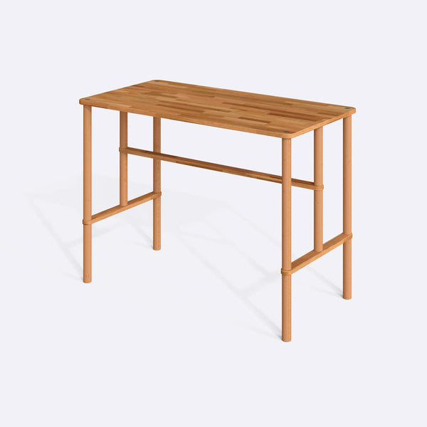 Reva Bar Masası 150 x 78 cm, %100 masif kayın, doğal ahşap dokusu, beyaz zeminde üç çeyrek açıdan stüdyo çekimi