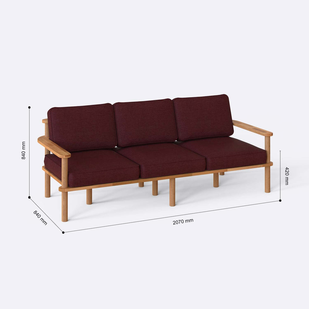 Bral Üçlü Koltuk, masif kayın gövde ve kumaş döşeme, doğal ahşap dokusu, ev ortamında kullanım görünümü