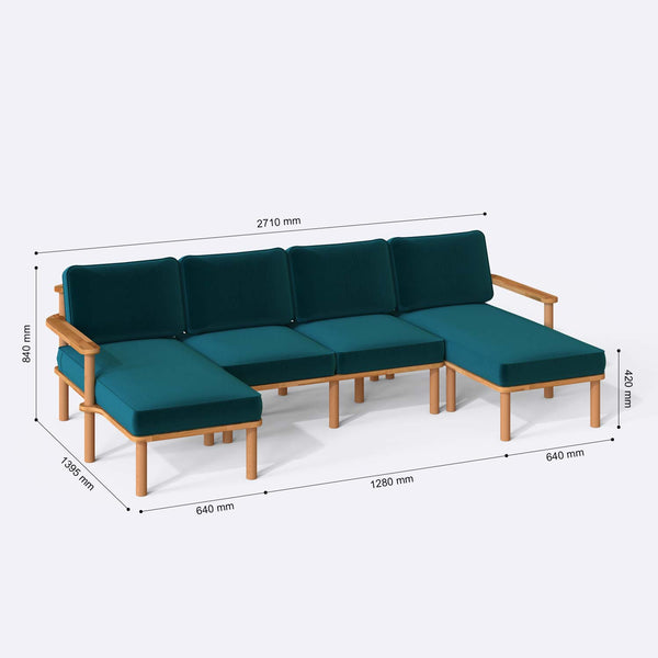 Bral Çift Köşe Koltuk ölçülendirilmiş teknik görünümü, petrol kadife döşeme, milimetre cinsinden ölçüler