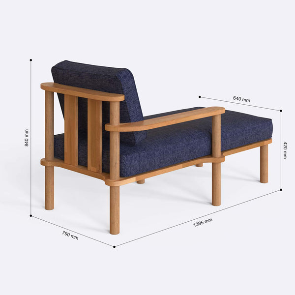 Bral Sağ Uzanma Koltuğu ölçülendirilmiş teknik görünümü, lacivert keten döşeme, milimetre cinsinden ölçüler