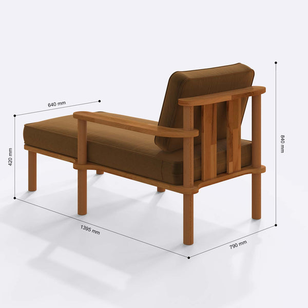 Bral Sol Uzanma Koltuğu ölçülendirilmiş teknik görünümü, vizon kadife döşeme, milimetre cinsinden ölçüler