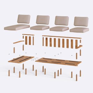 Bral Üçlü Sağ Köşe Koltuk parçalarına ayrılmış montaj görünümü, ekru keten oturum ve masif kayın ayaklar