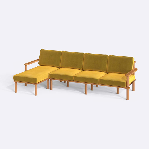 Bral Üçlü Sağ Köşe Koltuk, sarı kadife döşeme, masif kayın gövde, beyaz zeminde üç çeyrek açıdan stüdyo çekimi