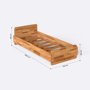 Rory Tek Kişilik Karyola 90 x 200 cm ölçülendirilmiş teknik görünümü, milimetre cinsinden genişlik, derinlik ve yükseklik