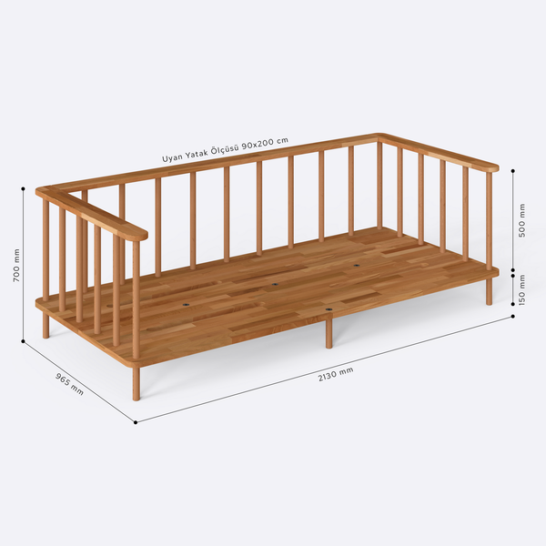 Lore Karyola 200 x 90 cm ölçülendirilmiş teknik görünümü, milimetre cinsinden genişlik ve yükseklik