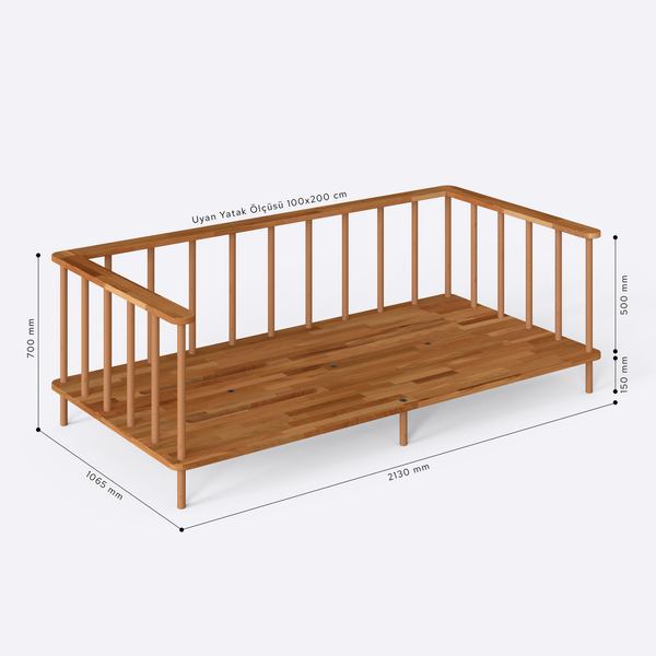 Lore Karyola 200 x 100 cm ölçülendirilmiş teknik görünümü, milimetre cinsinden genişlik, derinlik ve yükseklik