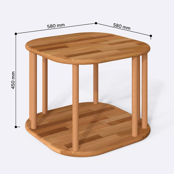 Ube Sehpa 58 x 58 cm ölçülendirilmiş teknik görünümü, milimetre cinsinden genişlik, derinlik ve yükseklik