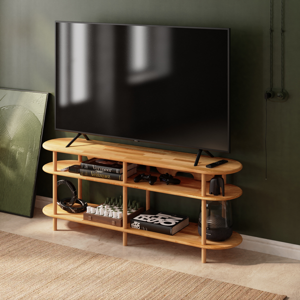 Ankel TV Ünitesi 160 x 38 cm, %100 masif kayın, doğal ahşap dokusu, döşenmiş oda ortamında kullanım görünümü