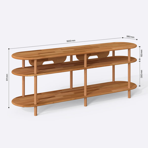 Ankel TV Ünitesi 160 x 38 cm ölçülendirilmiş teknik görünümü, milimetre cinsinden genişlik, derinlik ve yükseklik