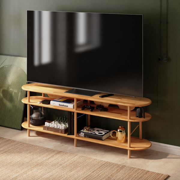 Ankel TV Ünitesi 180 x 38 cm, %100 masif kayın, doğal ahşap dokusu, döşenmiş oda ortamında kullanım görünümü