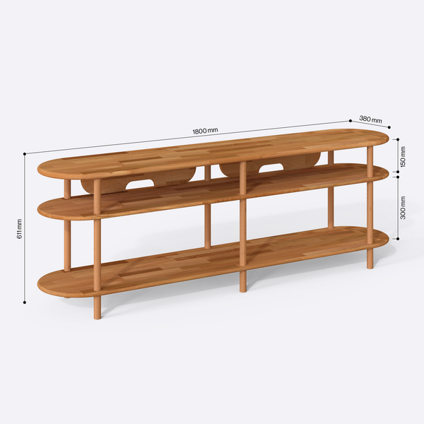 Ankel TV Ünitesi 180 x 38 cm ölçülendirilmiş teknik görünümü, milimetre cinsinden genişlik, derinlik ve yükseklik