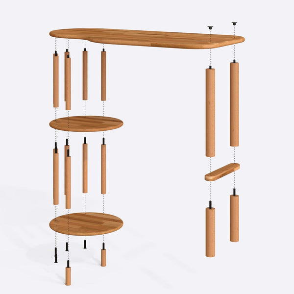 Roum Çalışma Masası 120 x 58 cm parçalarına ayrılmış montaj görünümü, masif kayın parçalar ve bağlantı elemanları
