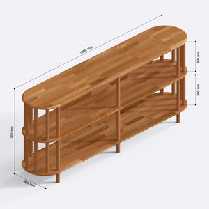 Juve 3 Raflı Kitaplık 180 x 38 cm ölçülendirilmiş teknik görünümü, milimetre cinsinden genişlik, derinlik ve yükseklik