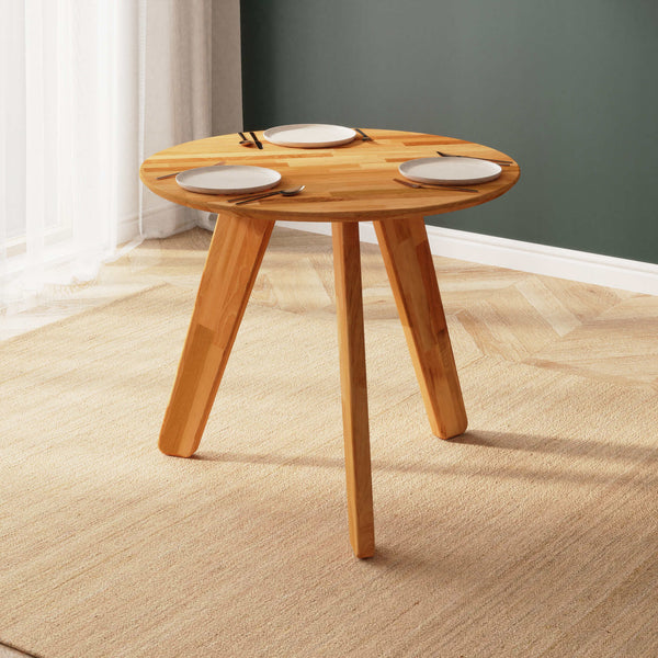 Yase Yuvarlak Yemek Masası 90 x 90 cm, %100 masif kayın, doğal ahşap dokusu, ev ortamında kullanım görünümü