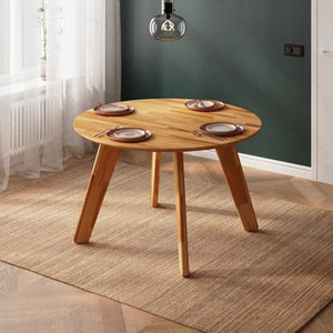 Yase Yuvarlak Yemek Masası 120 x 120 cm, %100 masif kayın, doğal ahşap dokusu, ev ortamında kullanım görünümü