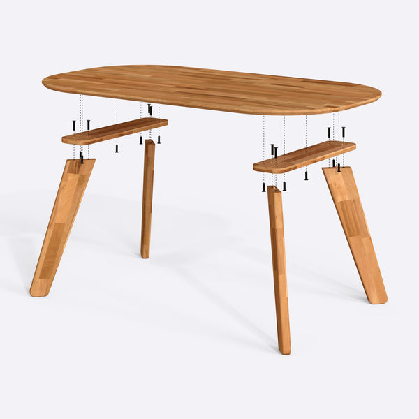 Yase Yemek Masası 180 x 100 cm, parçalarına ayrılmış montaj şeması, vida ve bağlantı elemanları