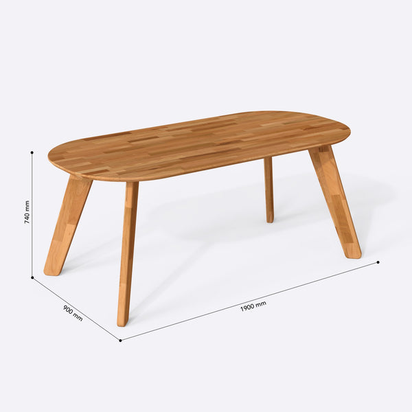 Yase Yemek Masası 190 x 90 cm, ölçülendirilmiş teknik çizim, 1900 x 900 mm tabla ölçüsü
