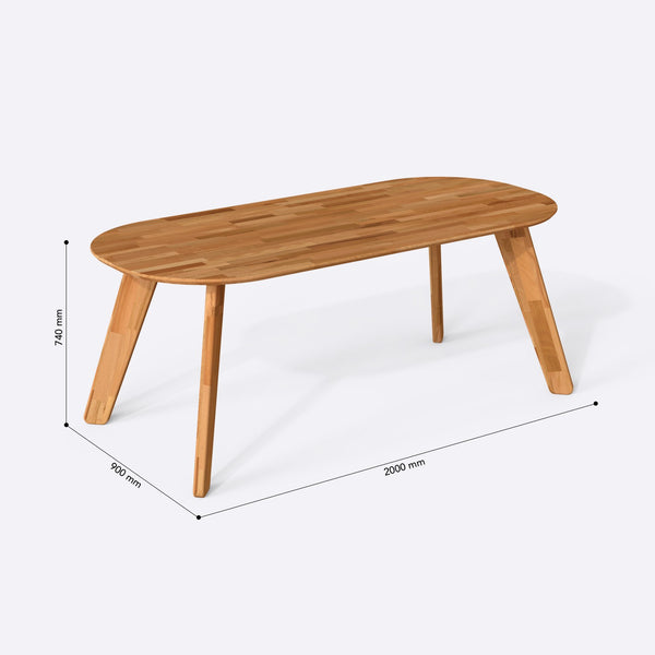 Yase Yemek Masası 200 x 90 cm, ölçülendirilmiş teknik çizim, 2000 x 900 mm tabla ölçüsü