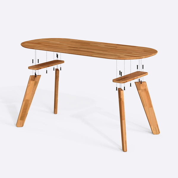Yase Yemek Masası 200 x 90 cm, parçalarına ayrılmış montaj şeması, vida ve bağlantı elemanları