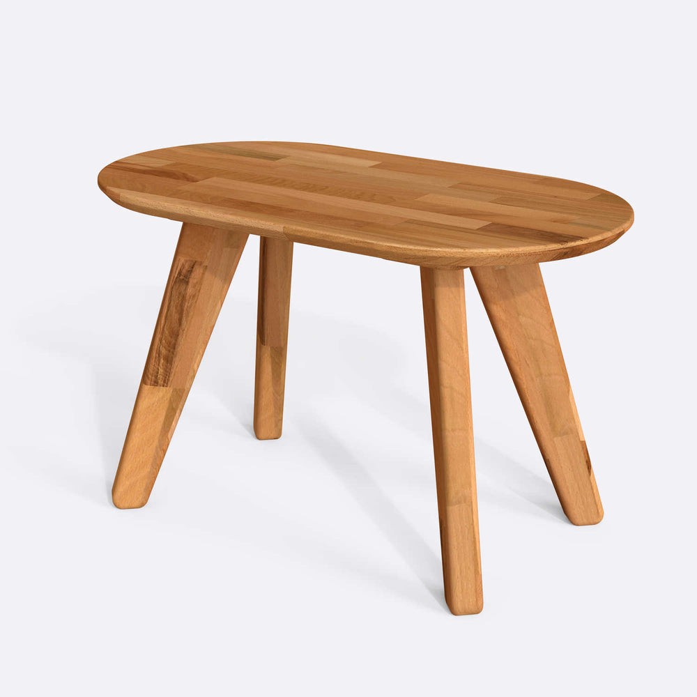 Yase Oval Sehpa 80 x 44 cm, %100 masif kayın, doğal ahşap dokusu, döşenmiş oda ortamında kullanım görünümü