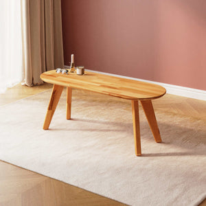Yase Oval Sehpa 120 x 44 cm, %100 masif kayın, doğal ahşap dokusu, döşenmiş oda ortamında kullanım görünümü