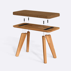 Han Bench 80 x 38 cm parçalarına ayrılmış montaj görünümü, badem keten oturum ve masif kayın ayaklar