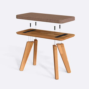Han Bench 80 x 38 cm parçalarına ayrılmış montaj görünümü, kahve keten oturum ve masif kayın ayaklar
