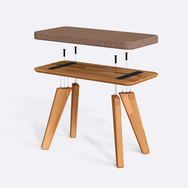 Han Bench 80 x 38 cm parçalarına ayrılmış montaj görünümü, kahve keten oturum ve masif kayın ayaklar