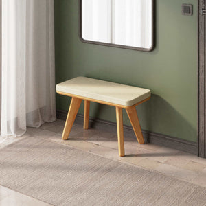 Han Bench 80 x 38 cm, kum keten döşeme, masif kayın gövde, ev ortamında kullanım görünümü