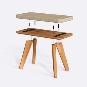 Han Bench 80 x 38 cm parçalarına ayrılmış montaj görünümü, kum keten oturum ve masif kayın ayaklar