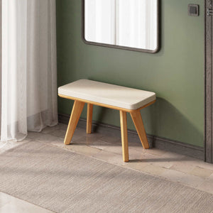 Han Bench 80 x 38 cm, ekru keten döşeme, masif kayın gövde, ev ortamında kullanım görünümü