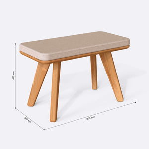 Han Bench 80 x 38 cm ölçülendirilmiş teknik görünümü, ekru keten döşeme, milimetre cinsinden ölçüler