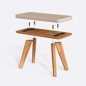 Han Bench 80 x 38 cm parçalarına ayrılmış montaj görünümü, ekru keten oturum ve masif kayın ayaklar